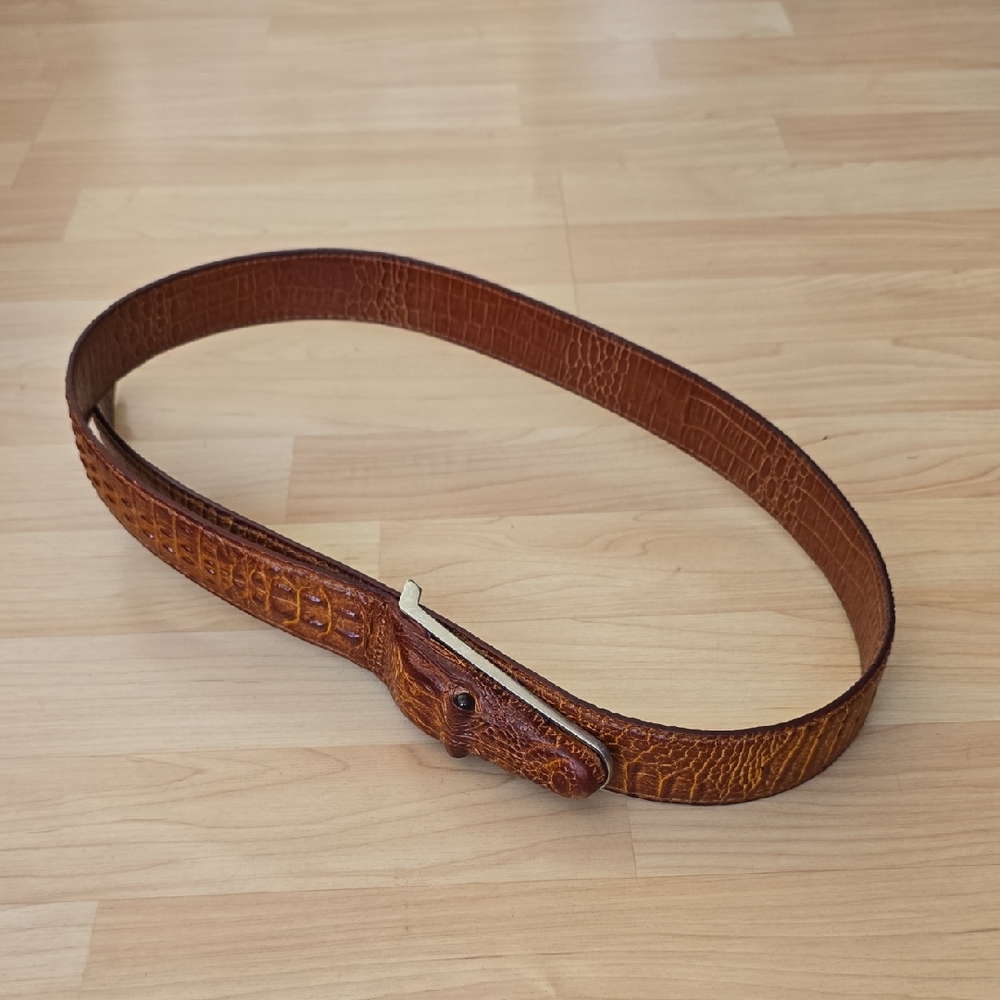 Men's Brown Belt Alligator Belt Cowhide Crocodile Print Belt Buckle 49" Length